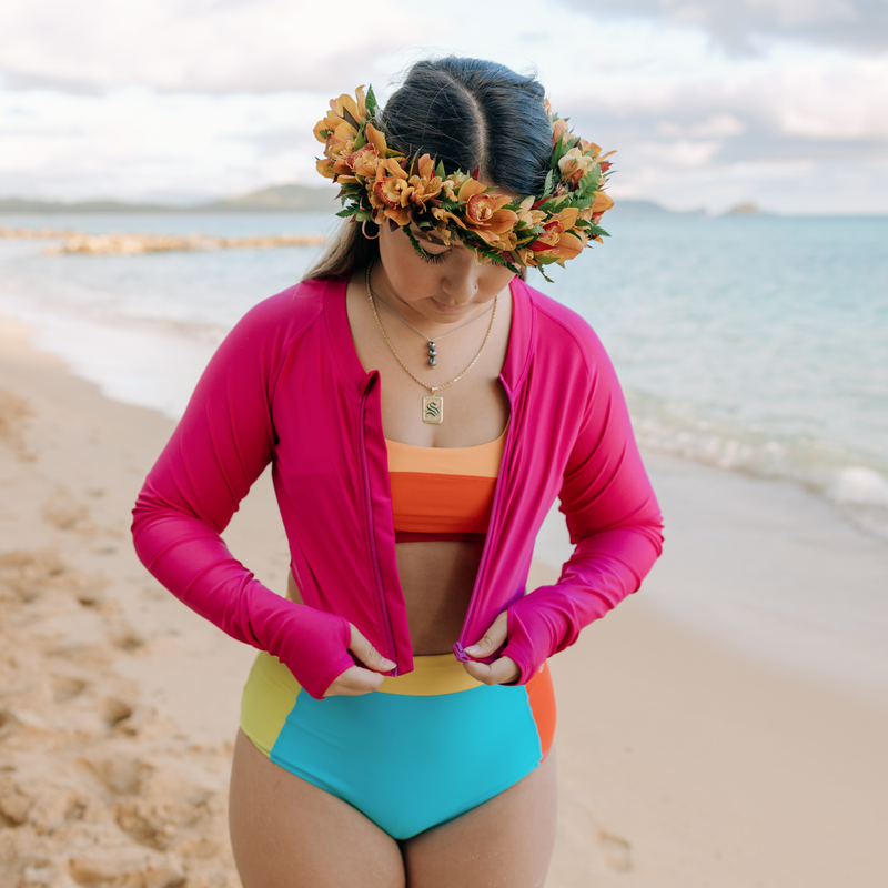 Women's Long Sleeve Crop Rash Guard | “Fuchsia Festival”-SwimZip UPF 50+ Sun Protective Swimwear & UV Zipper Rash Guards-pos6