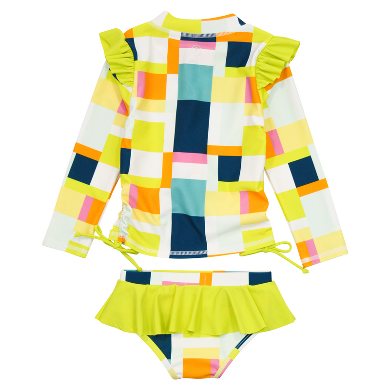 Girls Long Sleeve Rash Guard Ruffle Bottom Swimsuit Set (2 Piece) | "Check It Out"-SwimZip UPF 50+ Sun Protective Swimwear & UV Zipper Rash Guards-pos6