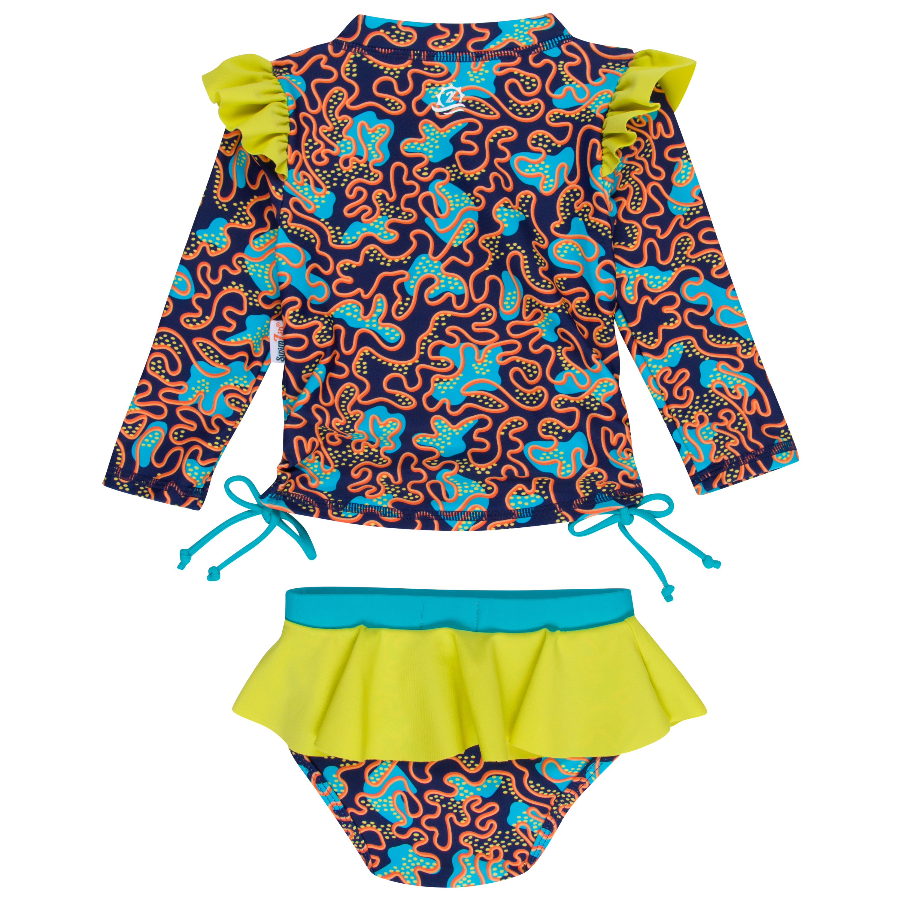 Girls Long Sleeve Rash Guard Ruffle Bottom Swimsuit Set (2 Piece) | "Deep Dive"-SwimZip UPF 50+ Sun Protective Swimwear & UV Zipper Rash Guards-pos7