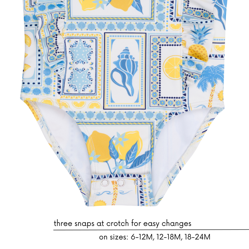 Girls Ruffle One-Piece Swimsuit | "Too Sweet" Mediterranean Lemons-SwimZip UPF 50+ Sun Protective Swimwear & UV Zipper Rash Guards-pos7