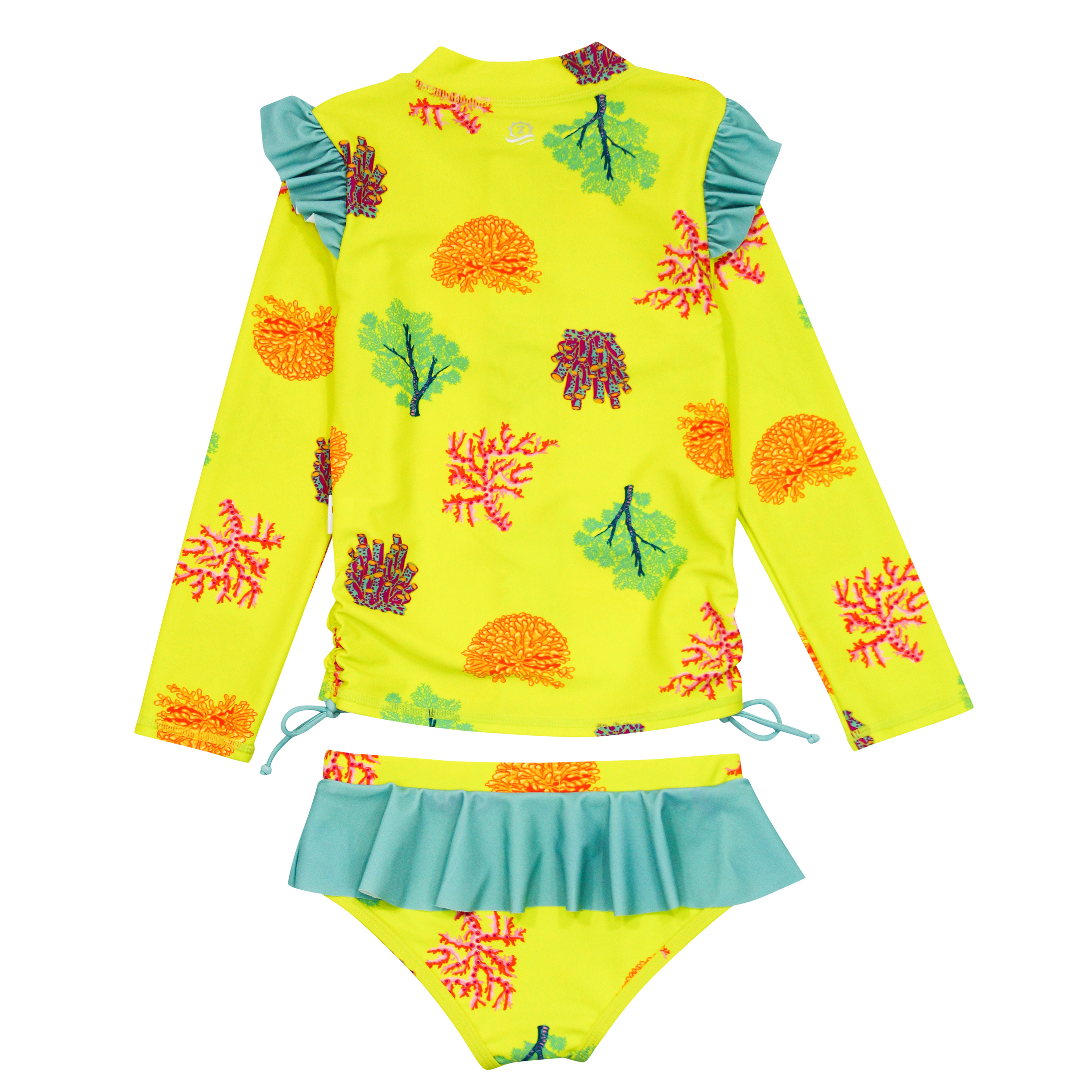 Girls Long Sleeve Rash Guard Ruffle Bottom Swimsuit Set (2 Piece) | "Coral"-SwimZip UPF 50+ Sun Protective Swimwear & UV Zipper Rash Guards-pos7