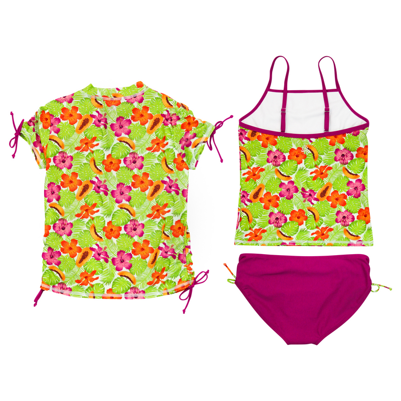 Girls Short Sleeve Rash Guard + Tankini Bikini Set (3 Piece) | "Hibiscus”-SwimZip UPF 50+ Sun Protective Swimwear & UV Zipper Rash Guards-pos7