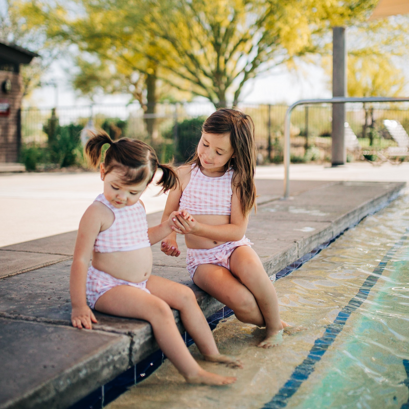 Girls Halter Top High-Waisted Set (2 Piece) | "Tied with a Bow" Pink Gingham-SwimZip UPF 50+ Sun Protective Swimwear & UV Zipper Rash Guards-pos10