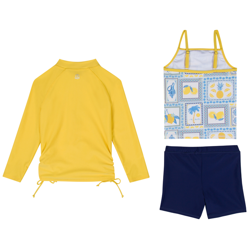 Girls Long Sleeve Rash Guard + Tankini Shorts Set (3 Piece) | "Mediterranean Lemons"-SwimZip UPF 50+ Sun Protective Swimwear & UV Zipper Rash Guards-pos8
