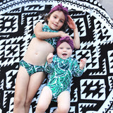 Girls Long Sleeve Surf Suit (One Piece Bodysuit) | "Palm Leaf"-SwimZip UPF 50+ Sun Protective Swimwear & UV Zipper Rash Guards-pos2