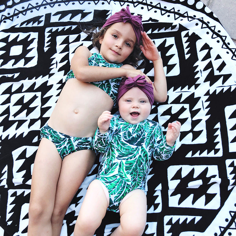 Girls Long Sleeve Surf Suit (One Piece Bodysuit) | "Palm Leaf"-SwimZip UPF 50+ Sun Protective Swimwear & UV Zipper Rash Guards-pos2