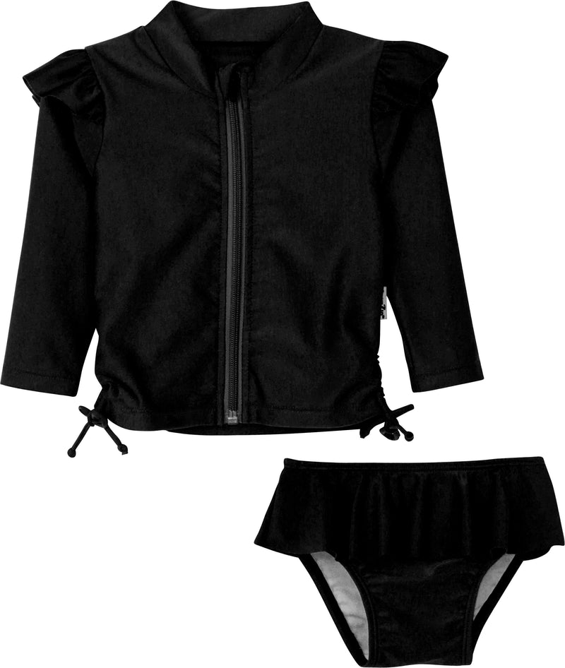 Girls Long Sleeve Rash Guard Ruffle Bottom Swimsuit Set (2 Piece) | "Black"-6-12 Month-Black-SwimZip UPF 50+ Sun Protective Swimwear & UV Zipper Rash Guards-pos1