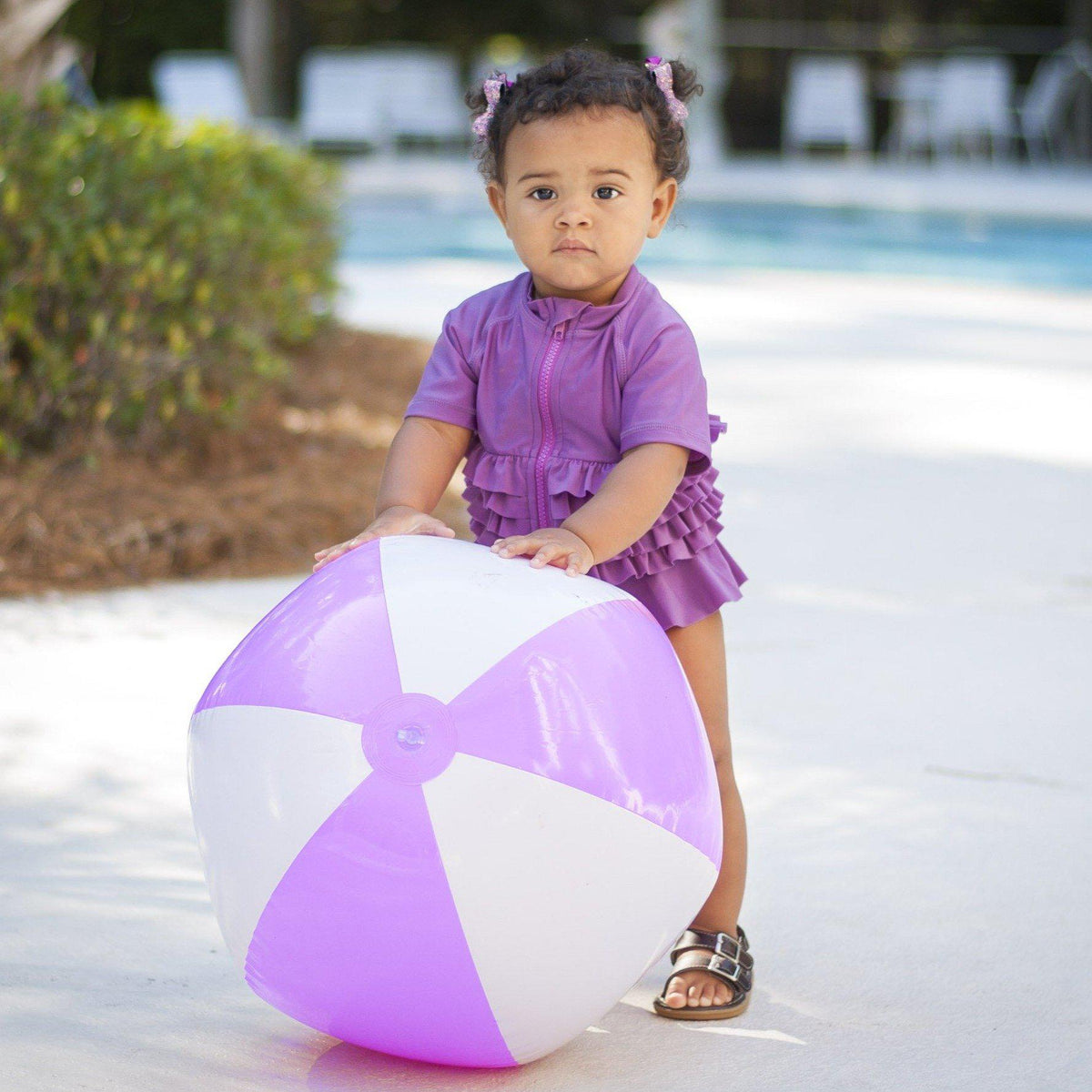 SwimZip Girl's Short Sleeve Rash Guard & Bottoms Set - Purple Ruffle