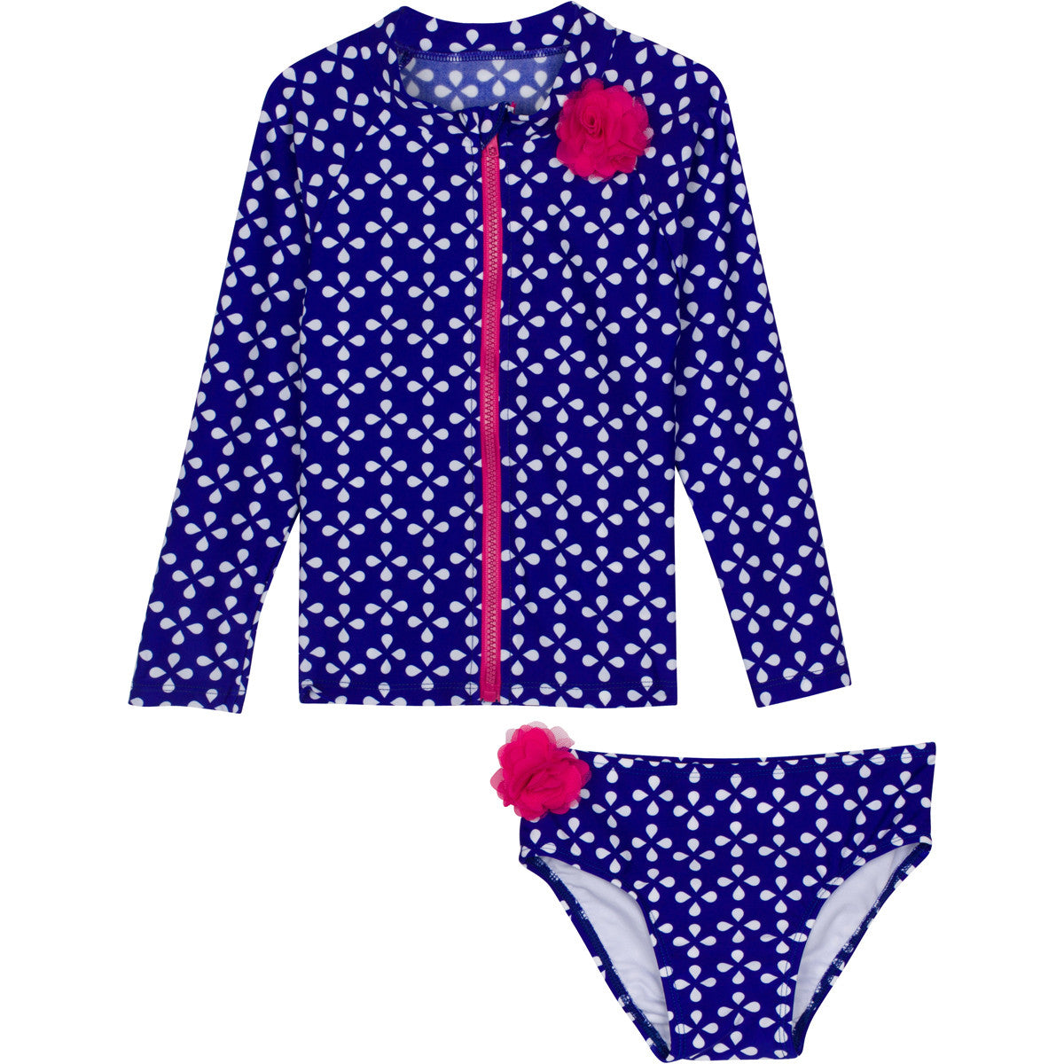 Girls Long Sleeve Rash Guard Ruffle Swimsuit Set (2 Piece) - "Flower Power"-0-3 Month-Blue-SwimZip UPF 50+ Sun Protective Swimwear & UV Zipper Rash Guards-pos1