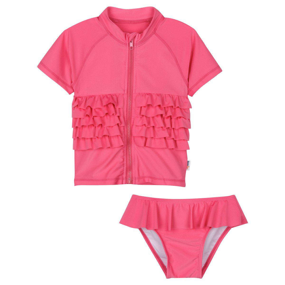 Girls Short Sleeve Rash Guard Swimsuit Set (2 Piece) - "Ruffle Me Pretty" Pink-12-18 Month-Deep Pink-SwimZip UPF 50+ Sun Protective Swimwear & UV Zipper Rash Guards-pos1