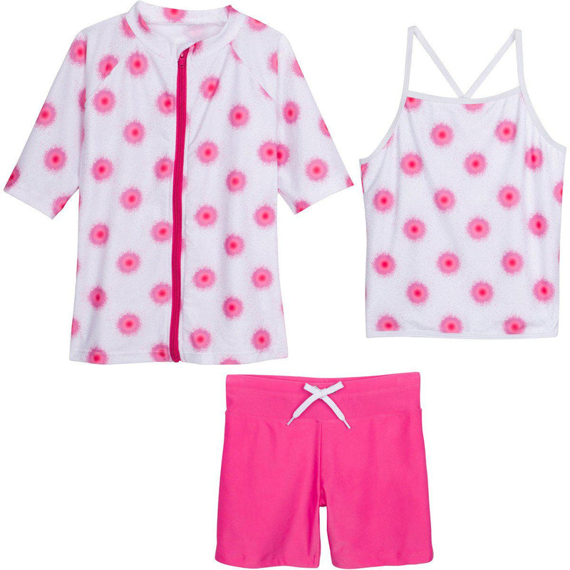 Girls Short Sleeve Rash Guard + Tankini Shorts Set (3 Piece) - "Graffiti Splash"-12-18 Month-Deep Pink-SwimZip UPF 50+ Sun Protective Swimwear & UV Zipper Rash Guards-pos1