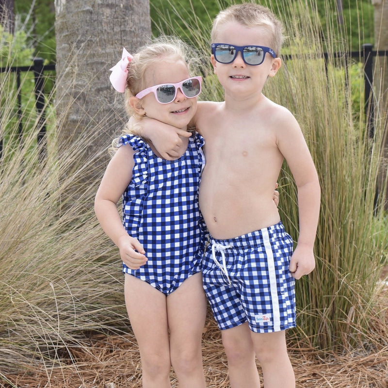 Girls Ruffle One-Piece Swimsuit | "Too Sweet" Navy Gingham-SwimZip UPF 50+ Sun Protective Swimwear & UV Zipper Rash Guards-pos10