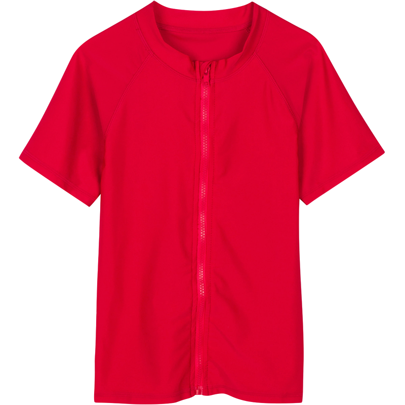 Kids Short Sleeve Zipper Rash Guard Swim Shirt | “Red”-0-3 Month-Red-SwimZip UPF 50+ Sun Protective Swimwear & UV Zipper Rash Guards-pos1