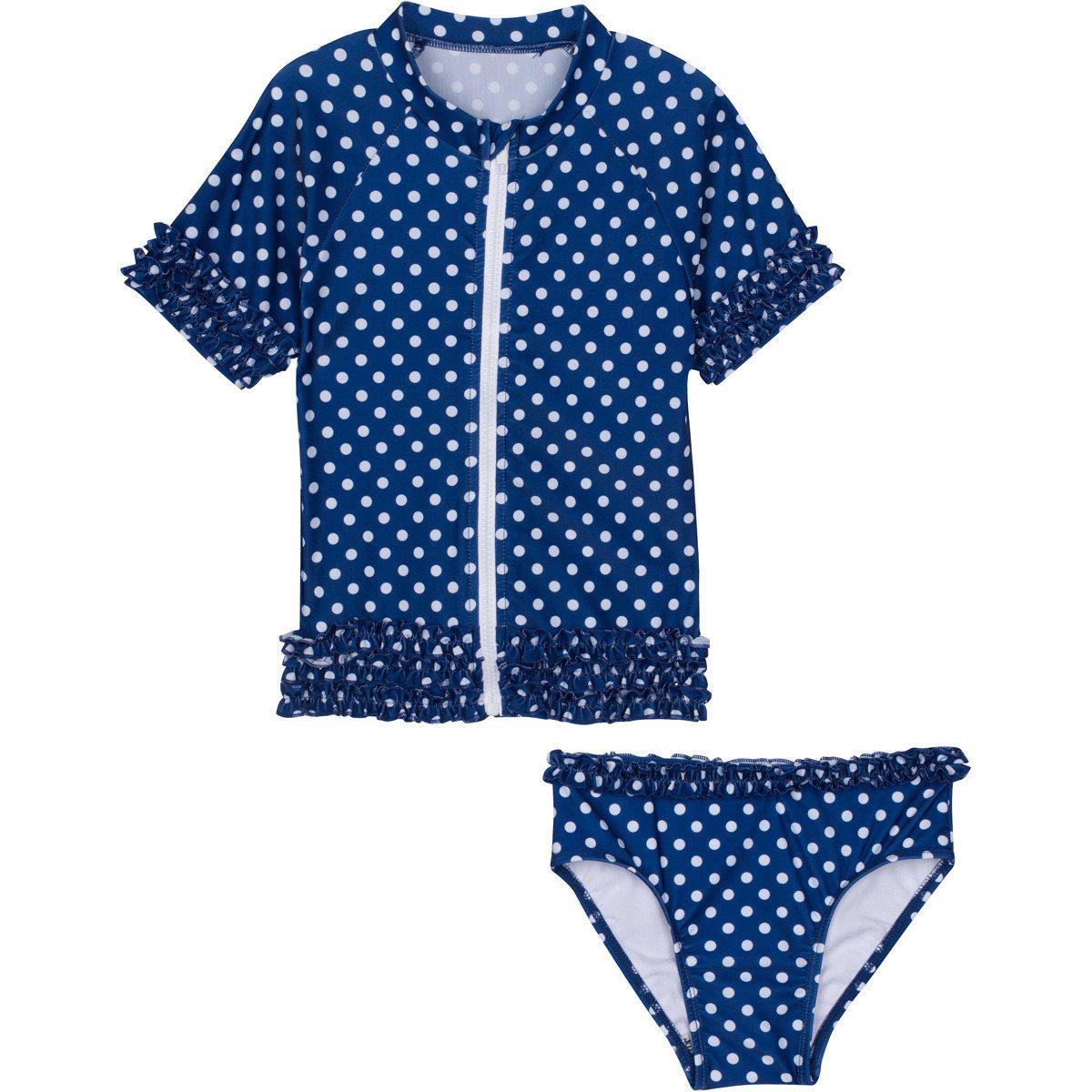 SwimZip Girl's Short Sleeve Rash Guard, Tankini & Shorts - Blue Dot