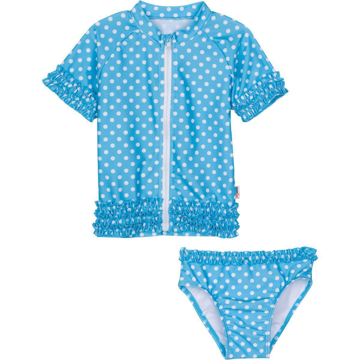 Girls Short Sleeve Rash Guard Swimsuit Set (2 Piece) - "Sassy Surfer" Aqua-12-18 Month-Aqua-SwimZip UPF 50+ Sun Protective Swimwear & UV Zipper Rash Guards-pos1