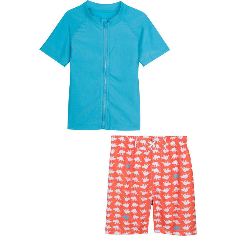 Boys Short Sleeve Zipper Rash Guard and Swim Trunk Set | "Dino-Mite"-0-3 Month-Orange-SwimZip UPF 50+ Sun Protective Swimwear & UV Zipper Rash Guards-pos1