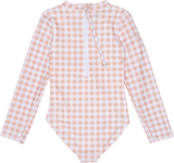Girls Long Sleeve Surf Suit (One Piece Bodysuit) | "Pink Gingham"-SwimZip UPF 50+ Sun Protective Swimwear & UV Zipper Rash Guards-pos11
