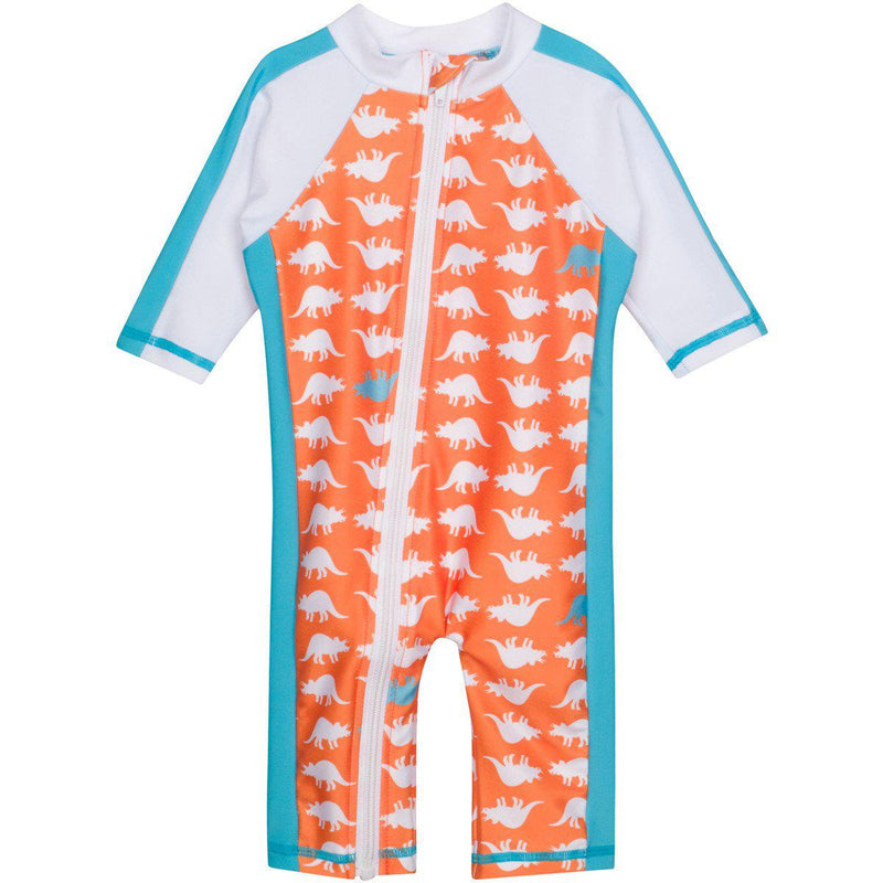 Sunsuit - Long Sleeve Romper Swimsuit | "Dino-Mite"-0-6 Month-Orange-SwimZip UPF 50+ Sun Protective Swimwear & UV Zipper Rash Guards-pos1
