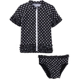 Girls Short Sleeve Rash Guard Swimsuit Set (2 piece) - "Sassy Surfer" Black-12-18 Month-Black Polka Dot-SwimZip UPF 50+ Sun Protective Swimwear & UV Zipper Rash Guards-pos1