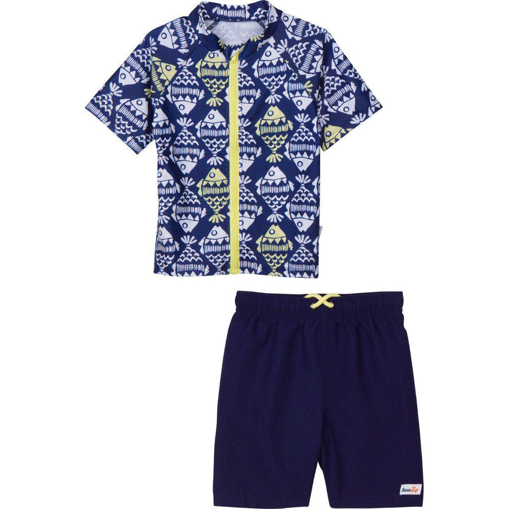 SwimZip Boy's Short Sleeve Rash Guard & Swim Trunks - Fish Bone Navy