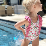 Girls Ruffle One-Piece Swimsuit | "Too Sweet" Floral Garden-SwimZip UPF 50+ Sun Protective Swimwear & UV Zipper Rash Guards-pos9