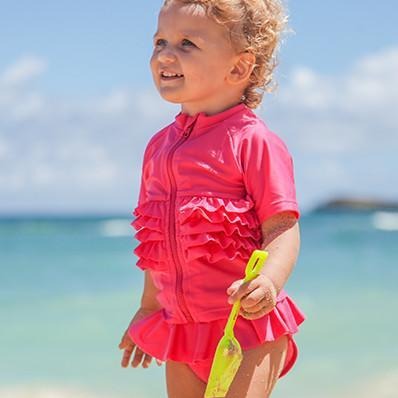 Girls Short Sleeve Rash Guard Swimsuit Set (2 Piece) - "Ruffle Me Pretty" Pink-SwimZip UPF 50+ Sun Protective Swimwear & UV Zipper Rash Guards-pos2