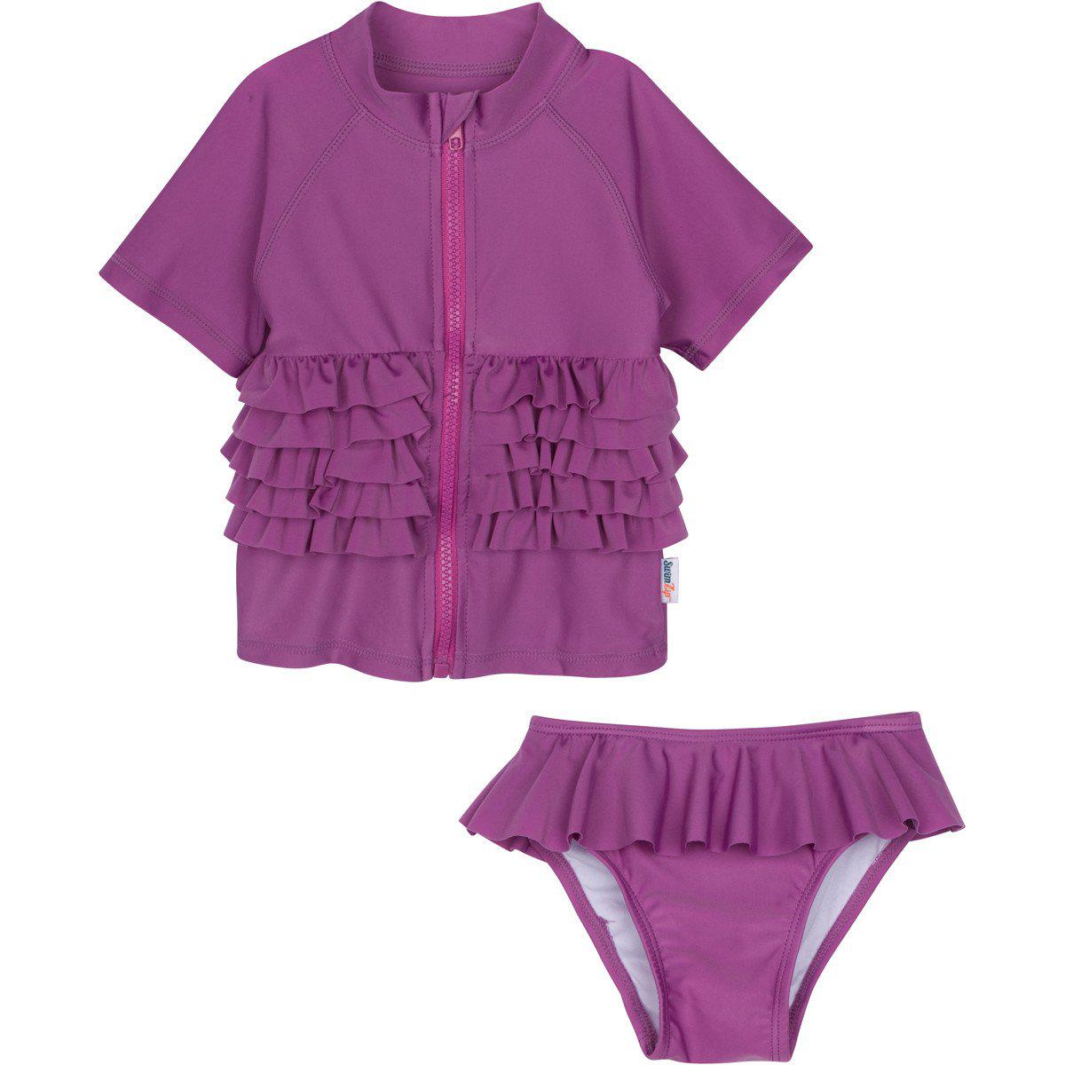 Girls Short Sleeve Rash Guard Swimsuit Set (2 Piece) - "Ruffle Me Pretty" Purple-3T-Purple-SwimZip UPF 50+ Sun Protective Swimwear & UV Zipper Rash Guards-pos1