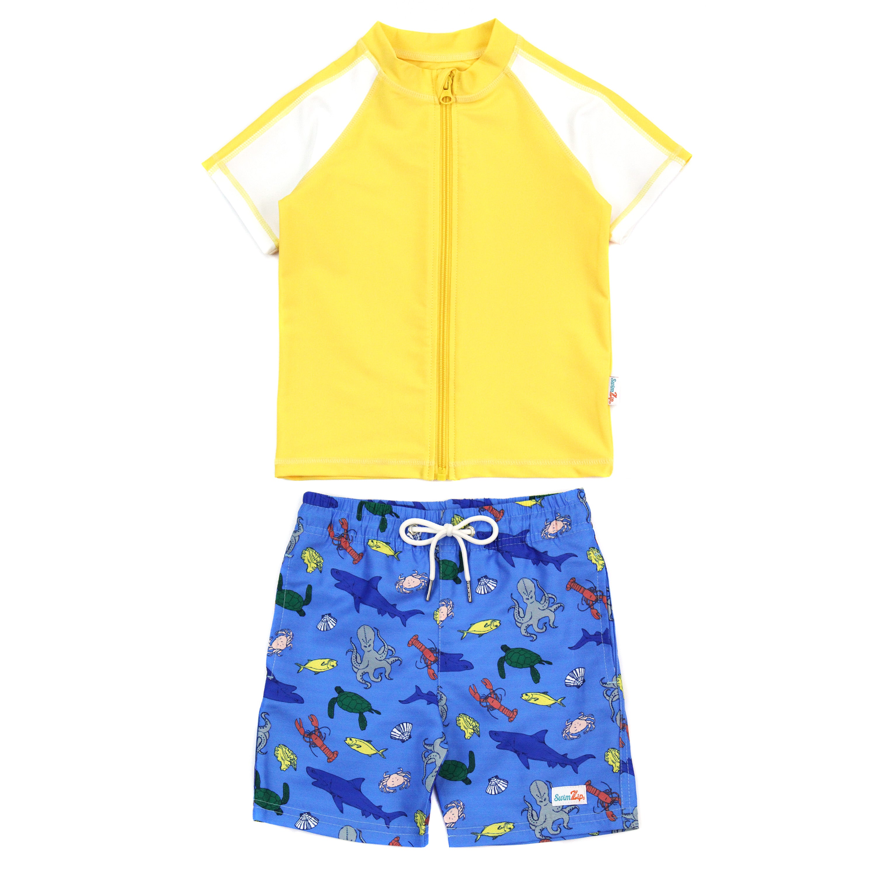 Boys Short Sleeve Zipper Rash Guard and Swim Trunk Set | "Sea Animal”-0-3 Month-Sea Animal-SwimZip UPF 50+ Sun Protective Swimwear & UV Zipper Rash Guards-pos1