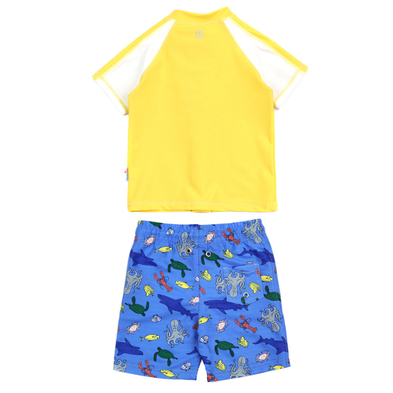 Boys Short Sleeve Zipper Rash Guard and Swim Trunk Set | "Sea Animal”-SwimZip UPF 50+ Sun Protective Swimwear & UV Zipper Rash Guards-pos2