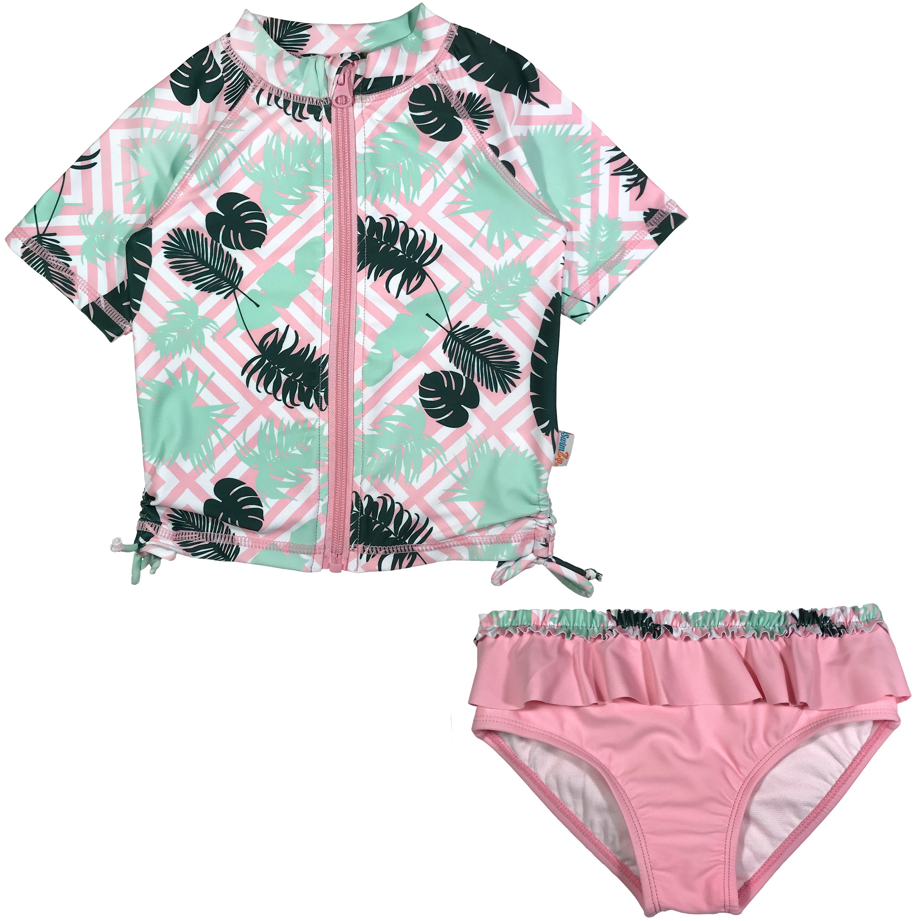 Girls Short Sleeve Rash Guard Swimsuit Set (2 Piece) - "Palm Breeze"-6-12 Month-Palm-SwimZip UPF 50+ Sun Protective Swimwear & UV Zipper Rash Guards-pos1