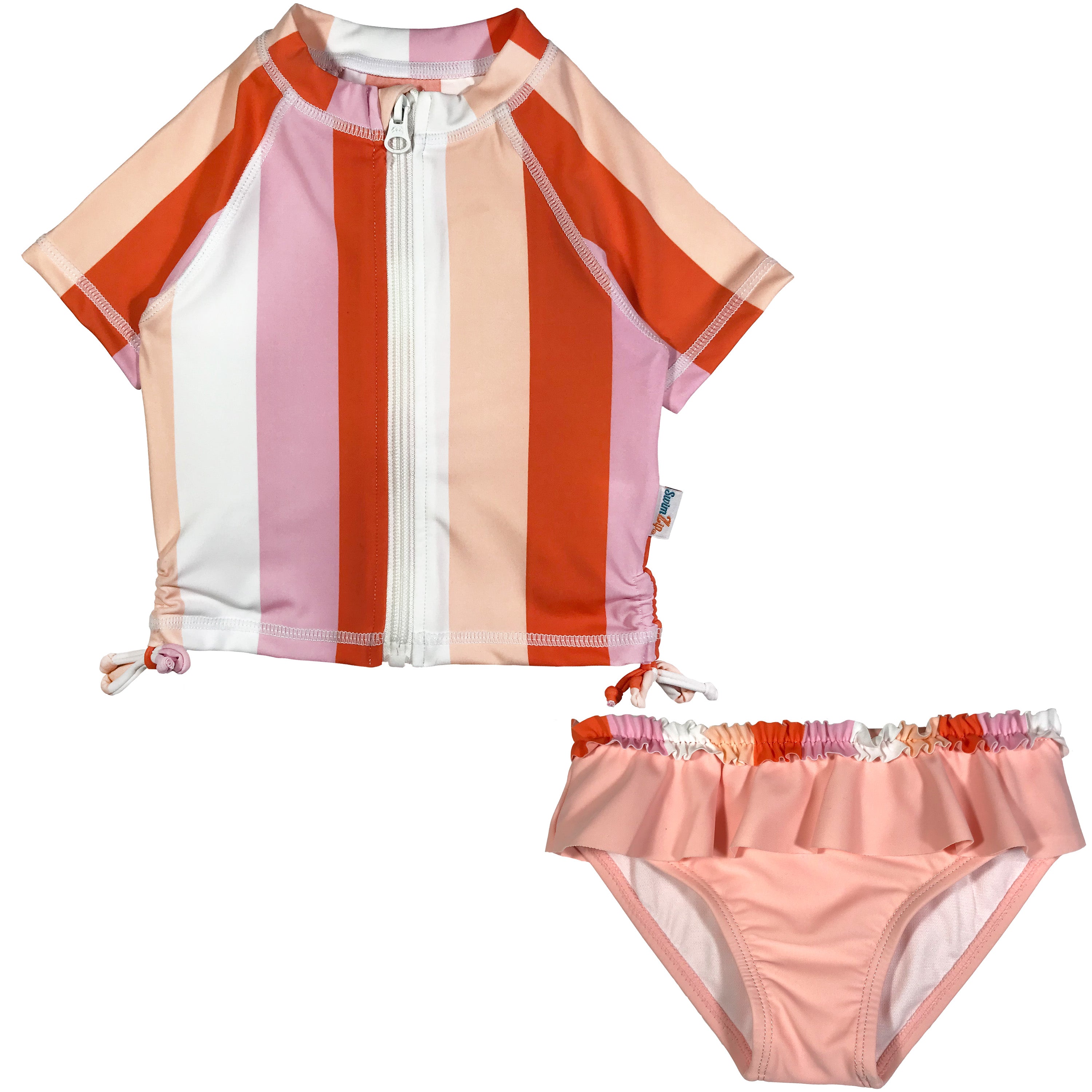 Girls Short Sleeve Rash Guard Swimsuit Set (2 Piece) - "Peachy Stripes"-0-3 Month-Peach Stripes-SwimZip UPF 50+ Sun Protective Swimwear & UV Zipper Rash Guards-pos1