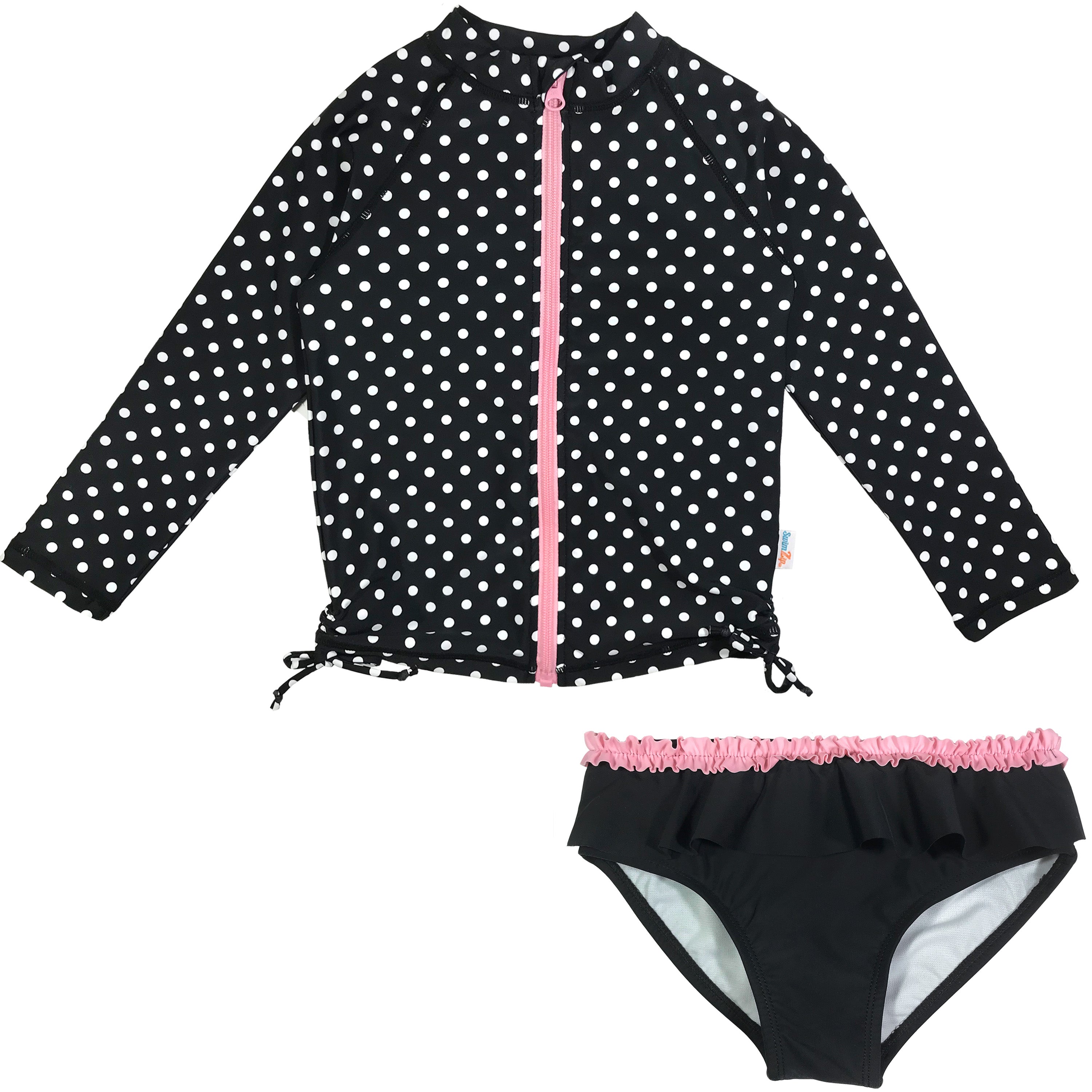 Girls Long Sleeve Rash Guard Ruffle Swimsuit Set (2 Piece) - "Black Polka Dot"-0-3 Month-Black Polka Dot-SwimZip UPF 50+ Sun Protective Swimwear & UV Zipper Rash Guards-pos1