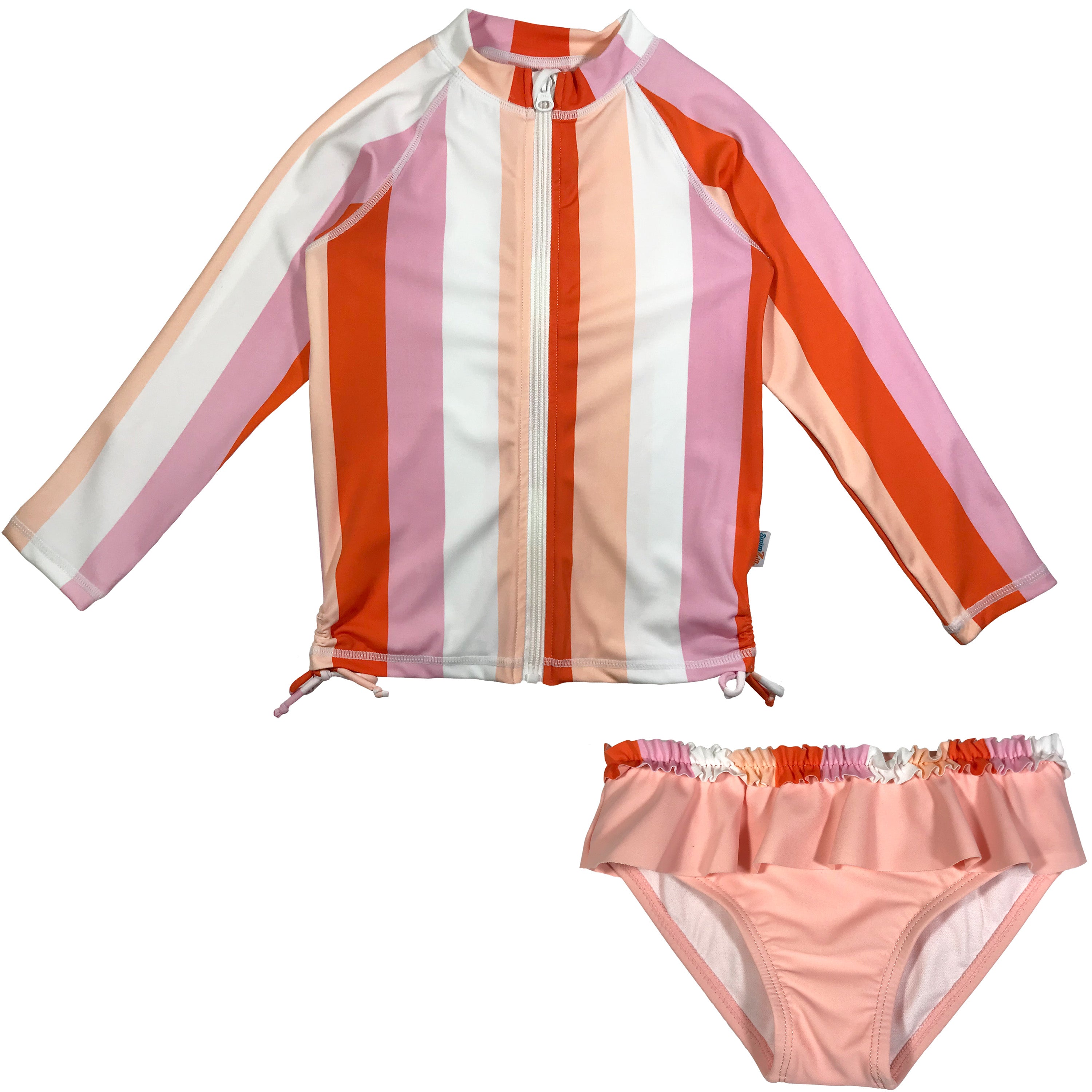 Girls Long Sleeve Rash Guard Ruffle Swimsuit Set (2 Piece) - "Peachy Stripes"-6-12 Month-Peach Stripes-SwimZip UPF 50+ Sun Protective Swimwear & UV Zipper Rash Guards-pos1