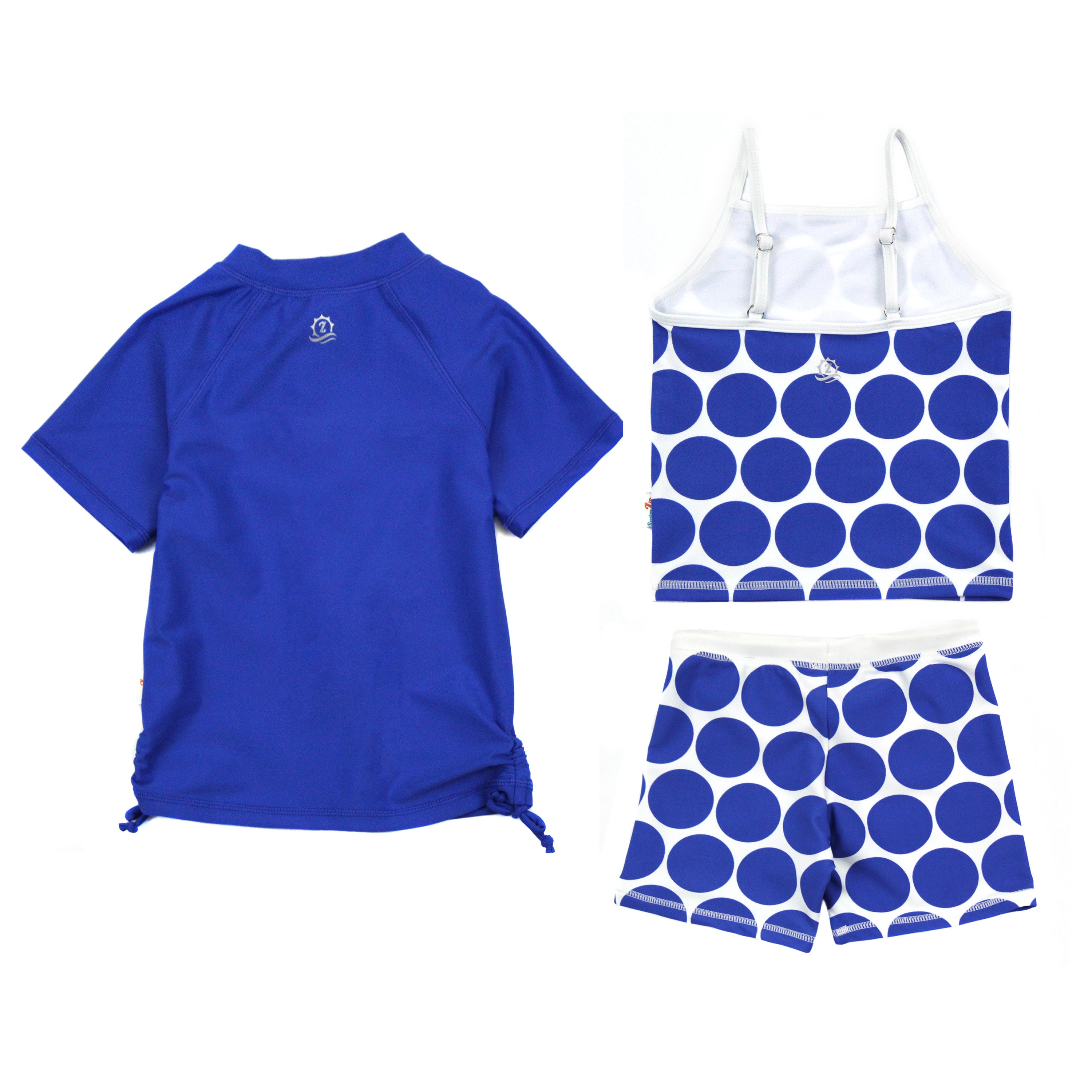 SwimZip Girl's Short Sleeve Rash Guard, Tankini & Shorts - Blue Dot