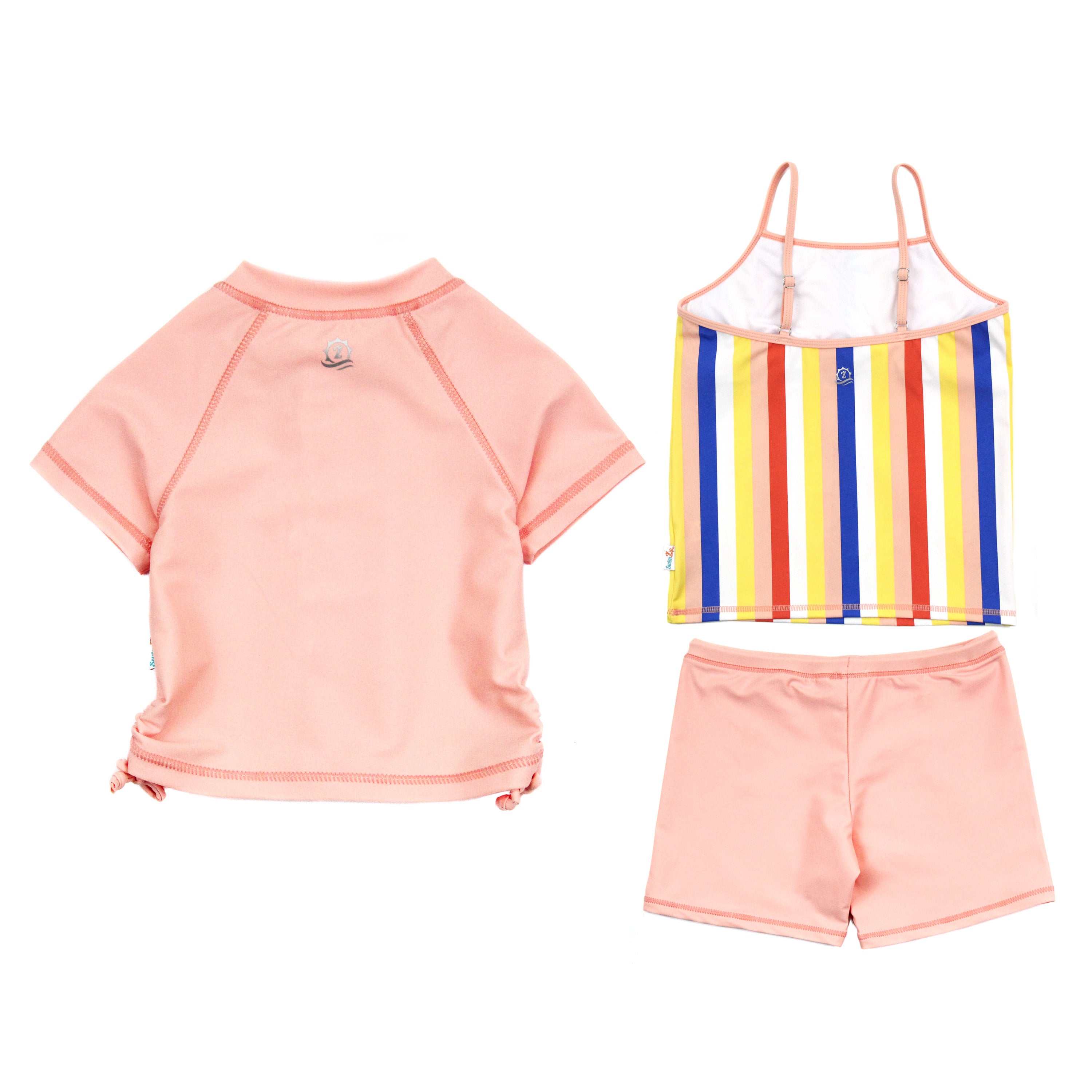 Girls Short Sleeve Rash Guard + Tankini Shorts Set (3 Piece) - "Multi Stripe"-SwimZip UPF 50+ Sun Protective Swimwear & UV Zipper Rash Guards-pos2
