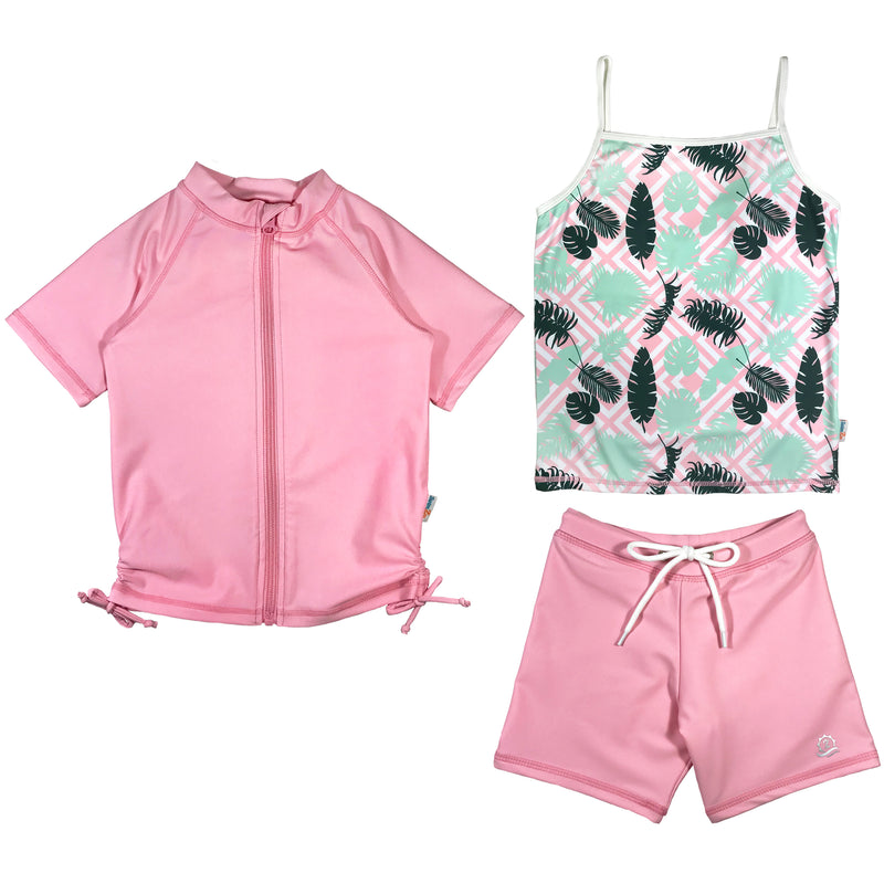 Girls Short Sleeve Rash Guard + Tankini Shorts Set (3 Piece) - "Palm Breeze"-6-12 Month-Palm-SwimZip UPF 50+ Sun Protective Swimwear & UV Zipper Rash Guards-pos1