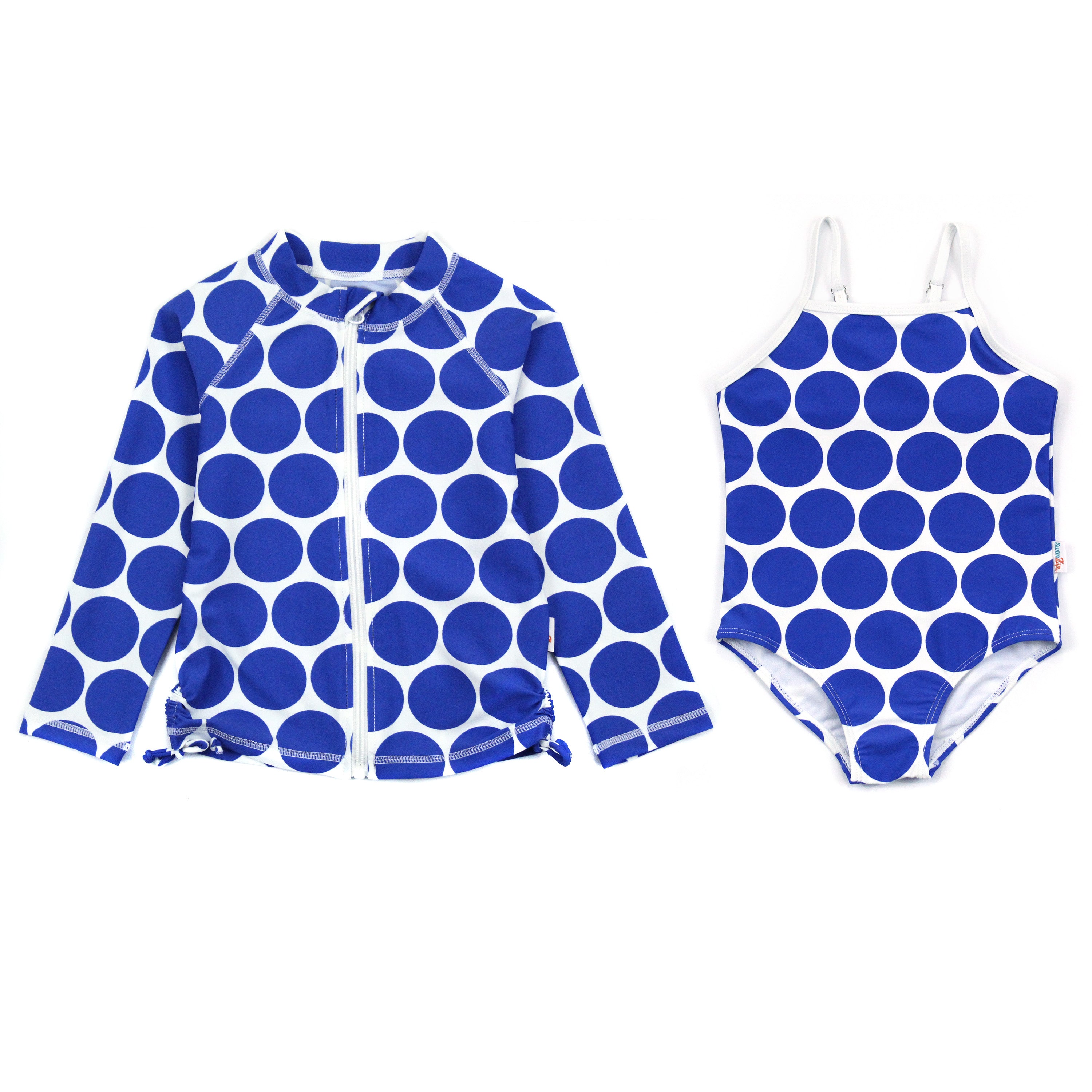 Girls One-Piece Swimsuit + Long Sleeve Rash Guard Set (2 Piece) | "Oversized Dot"-6-12 Month-Dot-SwimZip UPF 50+ Sun Protective Swimwear & UV Zipper Rash Guards-pos1