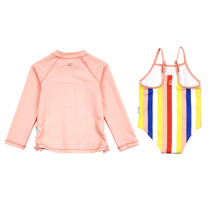 Girls One-Piece Swimsuit + Long Sleeve Rash Guard Set (2 Piece) | "Multi Stripe"-SwimZip UPF 50+ Sun Protective Swimwear & UV Zipper Rash Guards-pos4