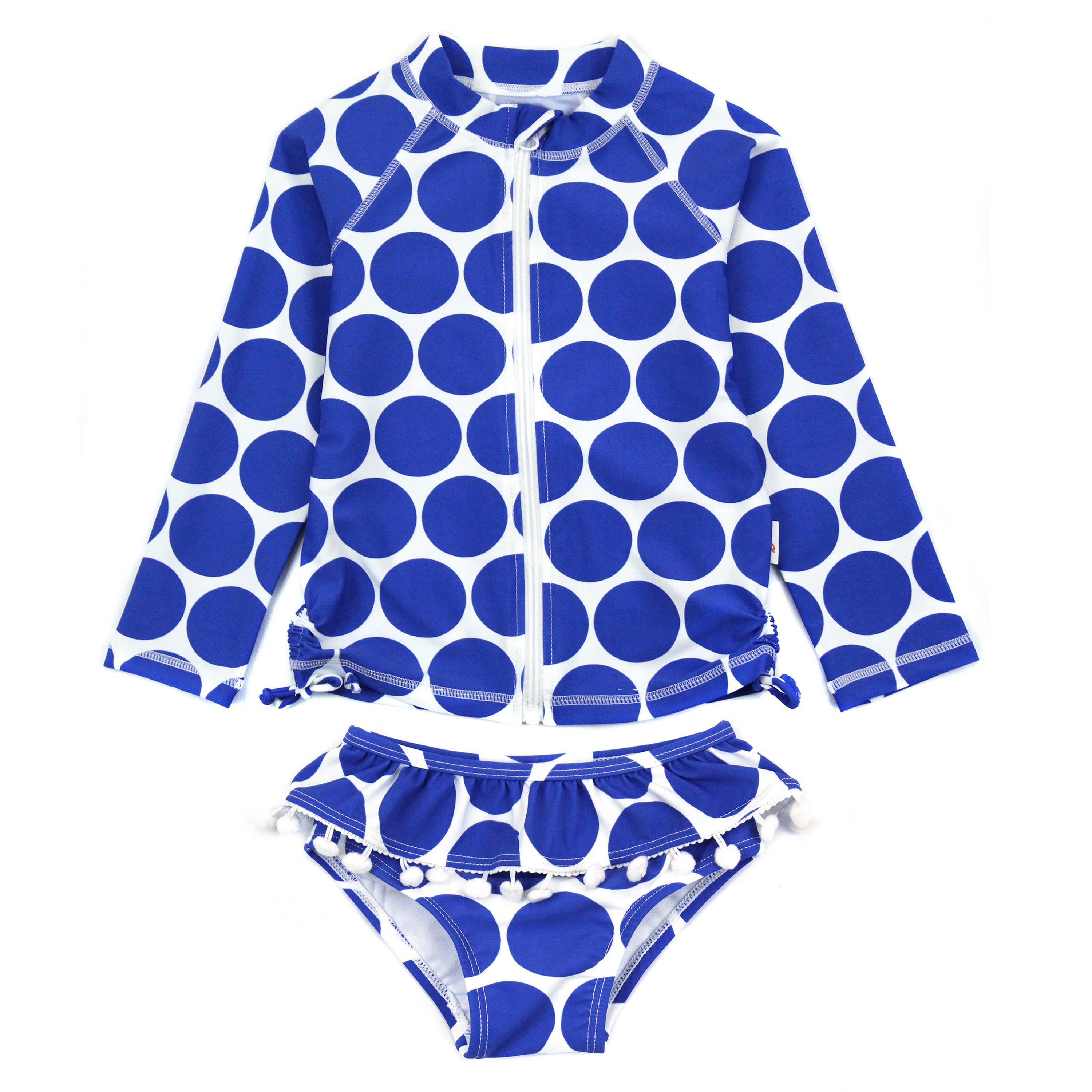 Girls Long Sleeve Rash Guard Ruffle Swimsuit Set (2 Piece) - "Oversized Dot"-6-12 Month-Dot-SwimZip UPF 50+ Sun Protective Swimwear & UV Zipper Rash Guards-pos1
