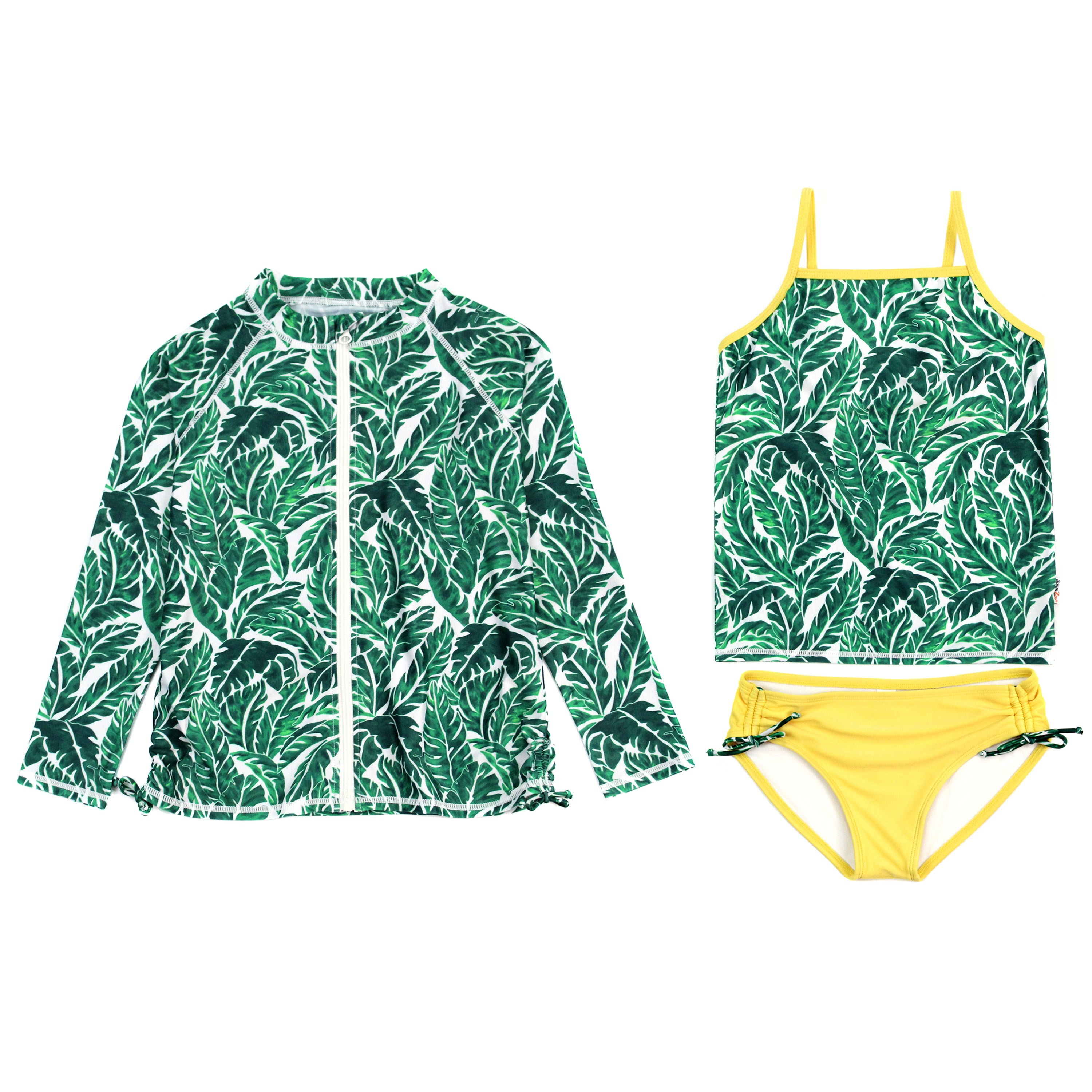 Girls Long Sleeve Rash Guard + Tankini Bikini Set (3 Piece) | "Palm Leaf"-8-10-Palm Leaf-SwimZip UPF 50+ Sun Protective Swimwear & UV Zipper Rash Guards-pos1