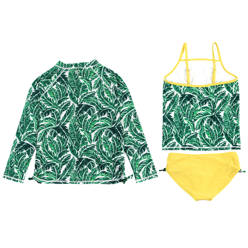 Girls Long Sleeve Rash Guard + Tankini Bikini Set (3 Piece) | "Palm Leaf"-SwimZip UPF 50+ Sun Protective Swimwear & UV Zipper Rash Guards-pos2