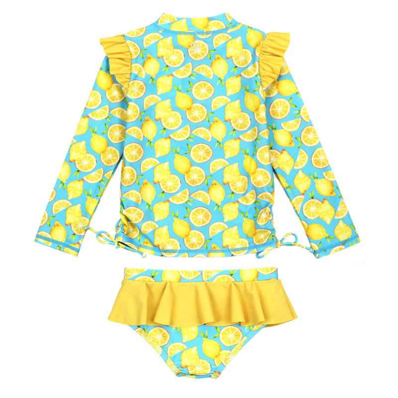 Girls Long Sleeve Rash Guard Ruffle Bottom Swimsuit Set (2 Piece) | "Lemons"-SwimZip UPF 50+ Sun Protective Swimwear & UV Zipper Rash Guards-pos5