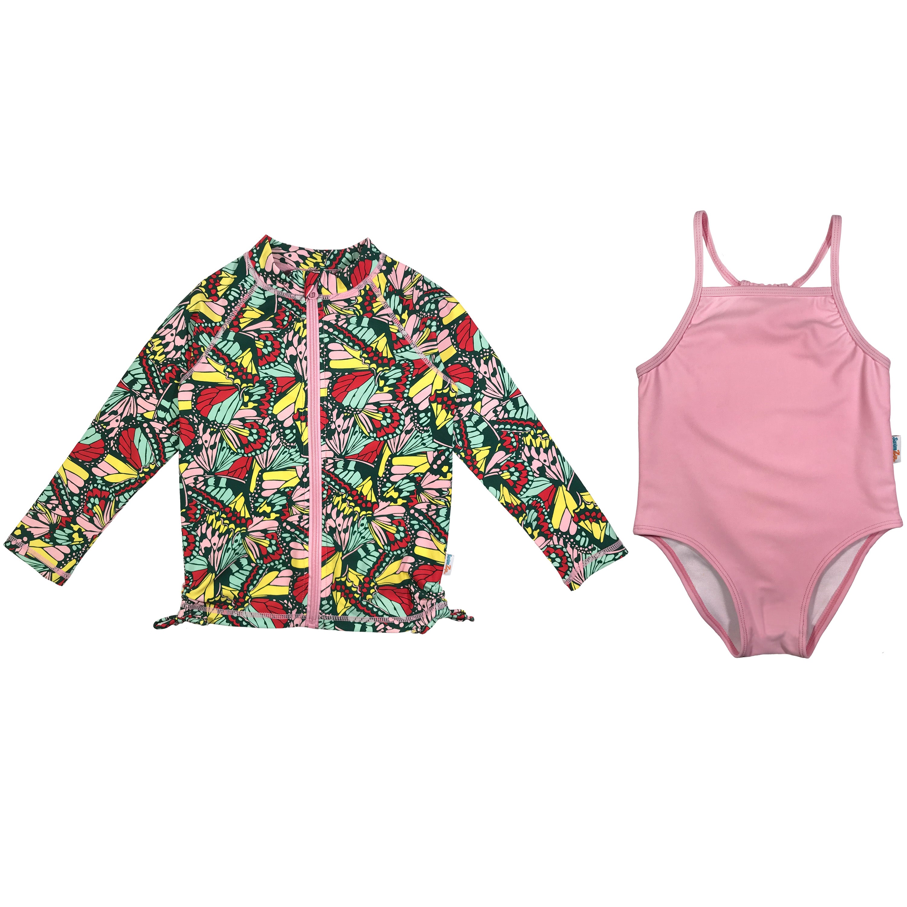 Girls One-Piece Swimsuit + Long Sleeve Rash Guard Set (2 Piece) | "Butterfly Love"-6-12 Month-Butterfly-SwimZip UPF 50+ Sun Protective Swimwear & UV Zipper Rash Guards-pos1