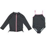 Girls One-Piece Swimsuit + Long Sleeve Rash Guard Set (2 Piece) | "Black Polka Dot"-6-12 Month-Black Polka Dot-SwimZip UPF 50+ Sun Protective Swimwear & UV Zipper Rash Guards-pos1