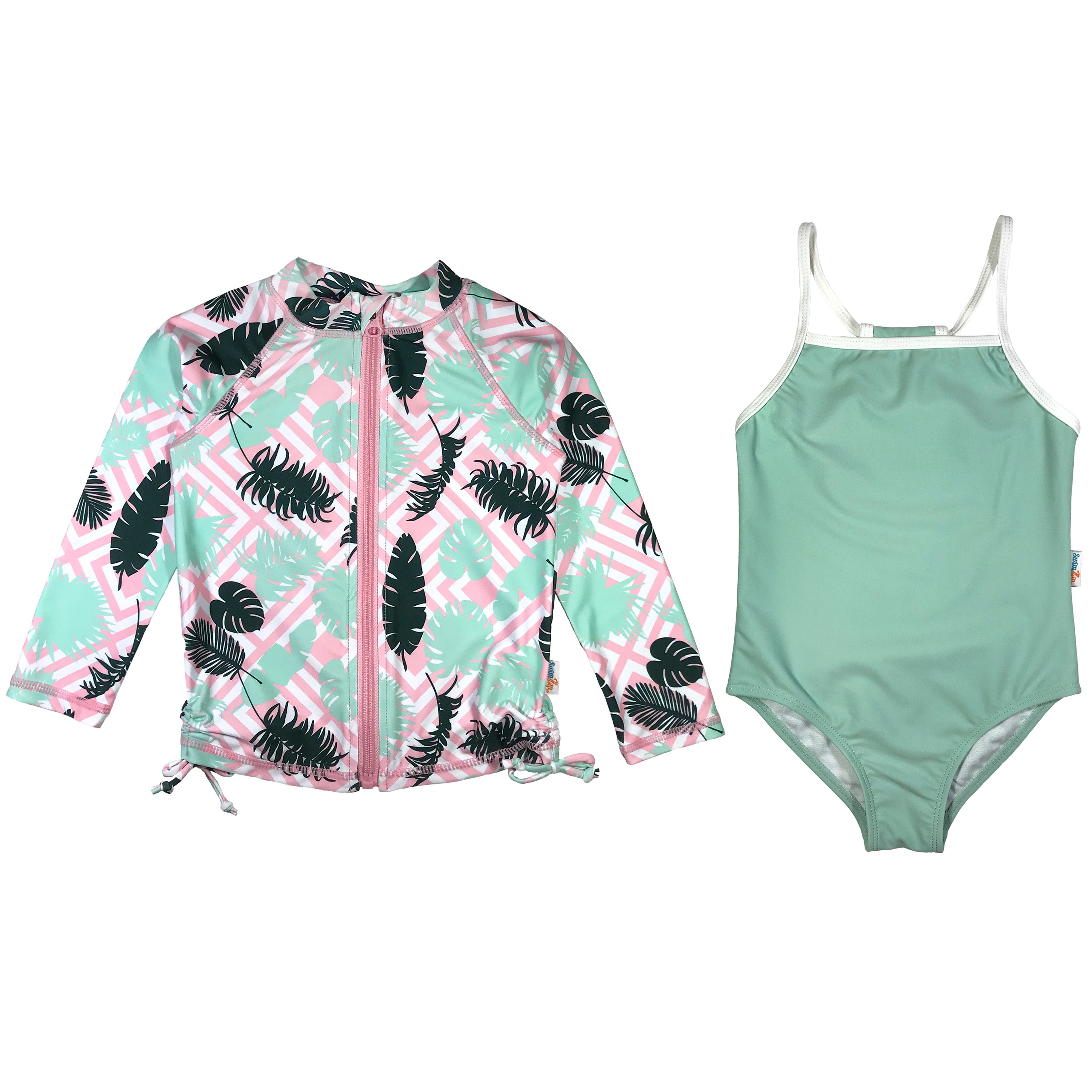 Girls One-Piece Swimsuit + Long Sleeve Rash Guard Set (2 Piece) | "Palm Breeze"-6-12 Month-Palm Breeze-SwimZip UPF 50+ Sun Protective Swimwear & UV Zipper Rash Guards-pos1