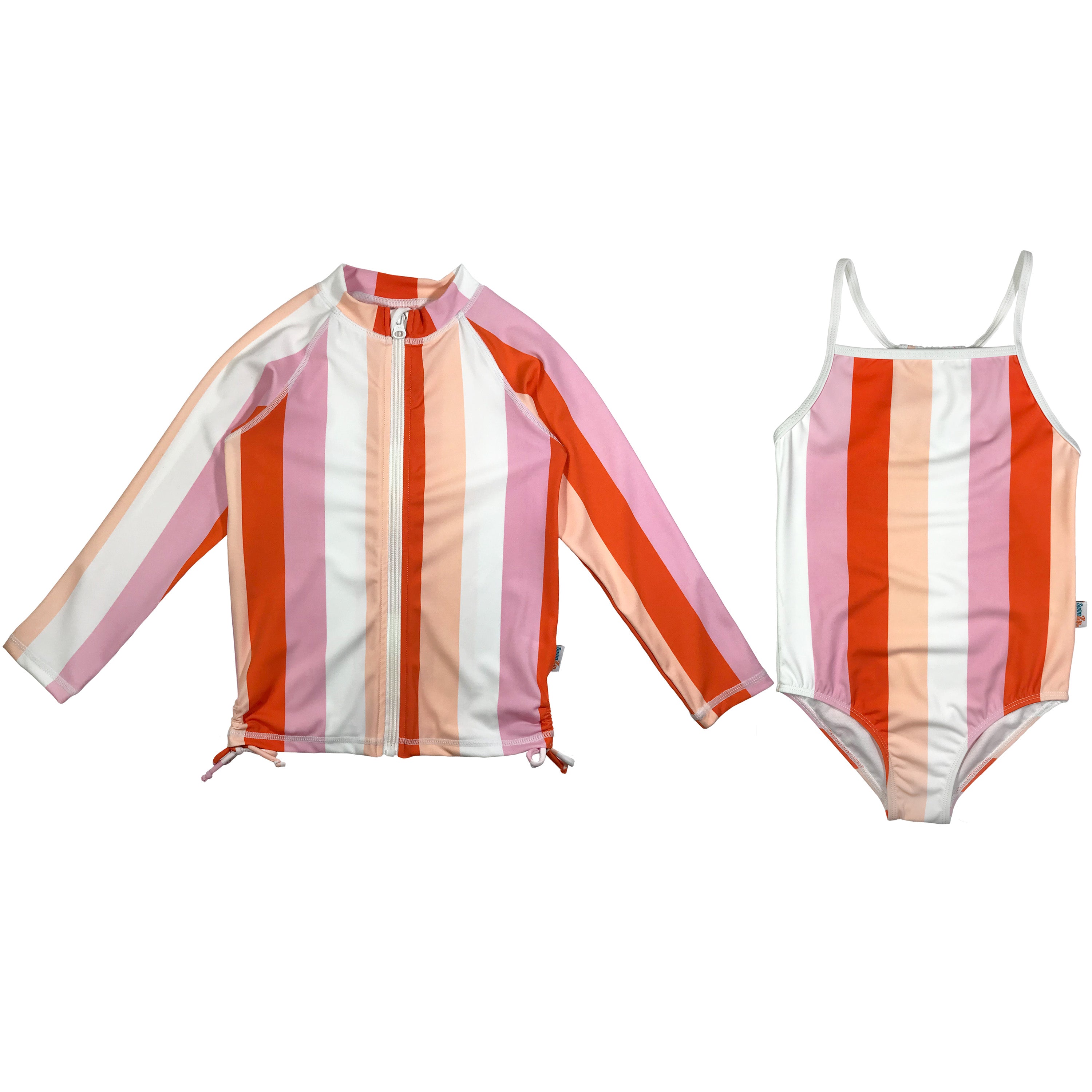 Girls One-Piece Swimsuit + Long Sleeve Rash Guard Set (2 Piece) | "Peachy Stripes"-6-12 Month-Peach Stripes-SwimZip UPF 50+ Sun Protective Swimwear & UV Zipper Rash Guards-pos1