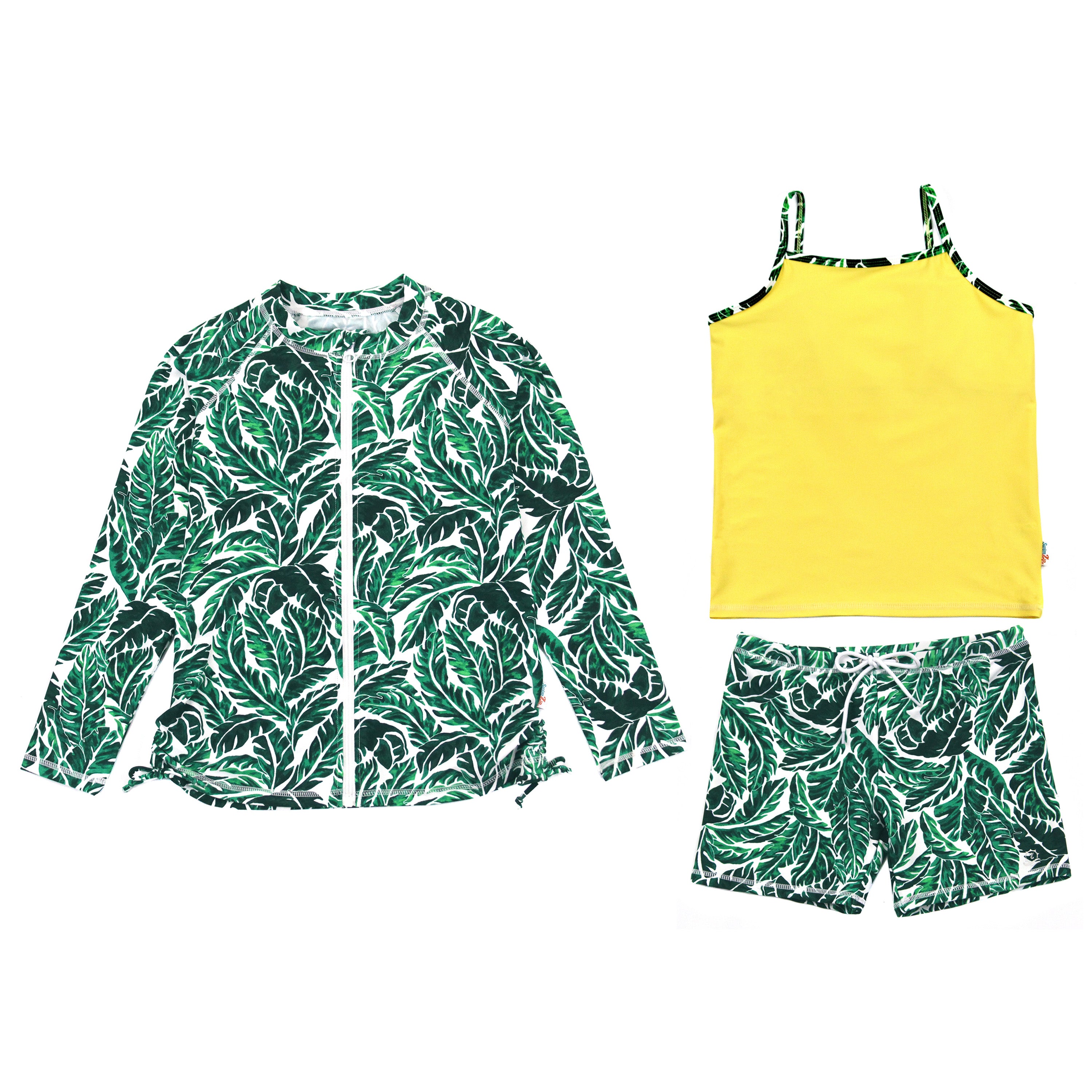 Girls Long Sleeve Rash Guard + Tankini Shorts Set (3 Piece) | "Palm Leaf"-2T-Palm Leaf-SwimZip UPF 50+ Sun Protective Swimwear & UV Zipper Rash Guards-pos1