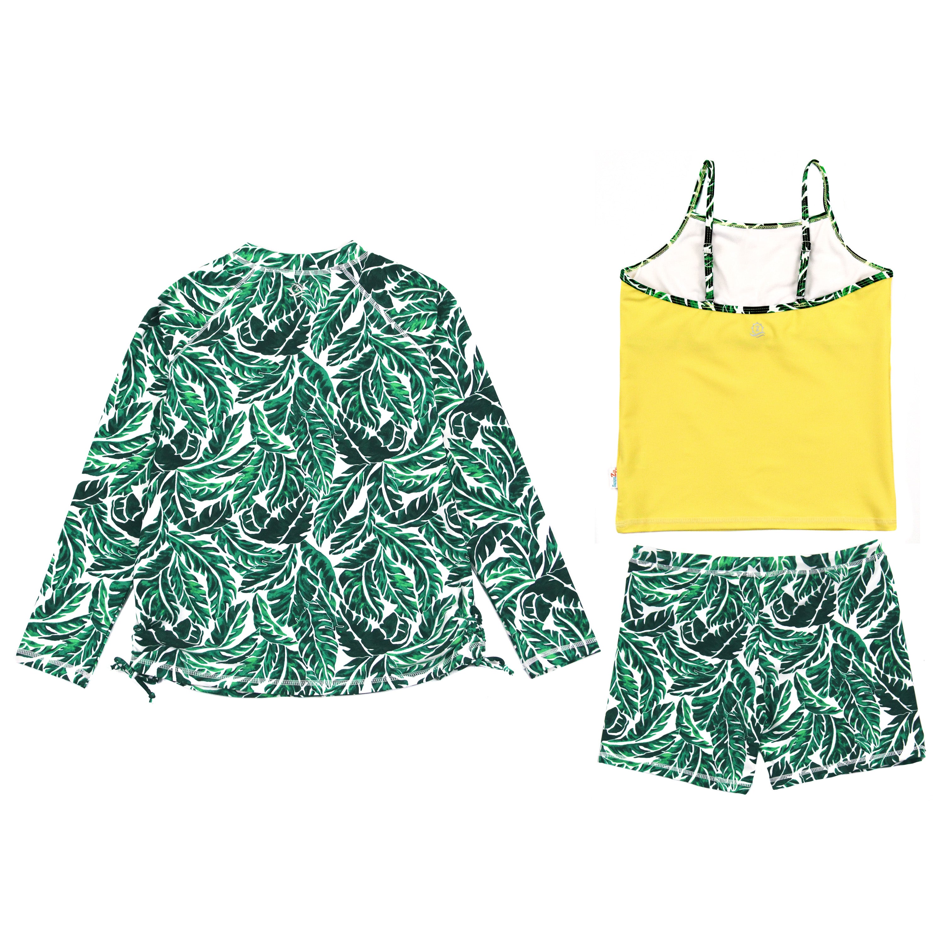 SwimZip Girl's Long Sleeve Rash Guard, Tankini & Shorts - Palm Leaf