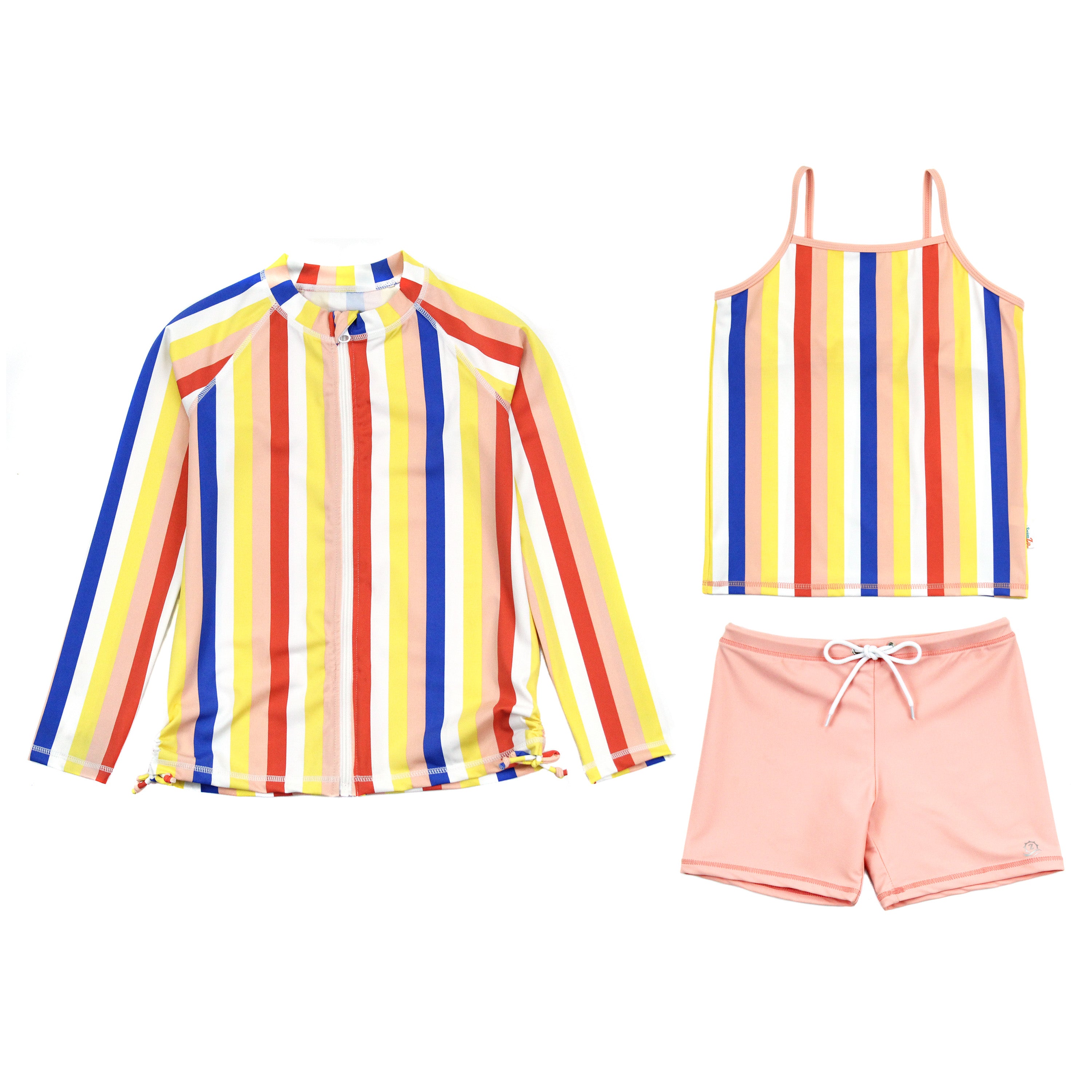 Girls Long Sleeve Rash Guard + Tankini Shorts Set (3 Piece) | "Multi Stripe"-2T-Multi Stripe-SwimZip UPF 50+ Sun Protective Swimwear & UV Zipper Rash Guards-pos1
