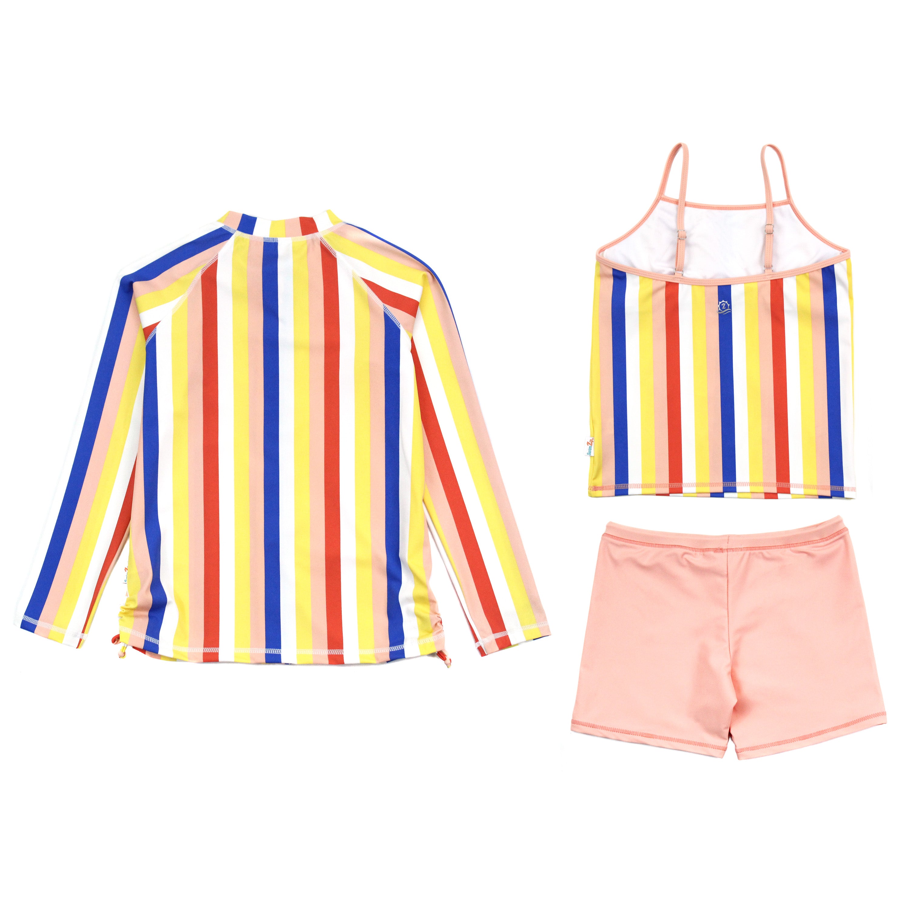 Girls Long Sleeve Rash Guard + Tankini Shorts Set (3 Piece) | "Multi Stripe"-SwimZip UPF 50+ Sun Protective Swimwear & UV Zipper Rash Guards-pos2